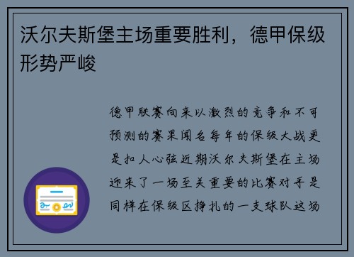 沃尔夫斯堡主场重要胜利，德甲保级形势严峻