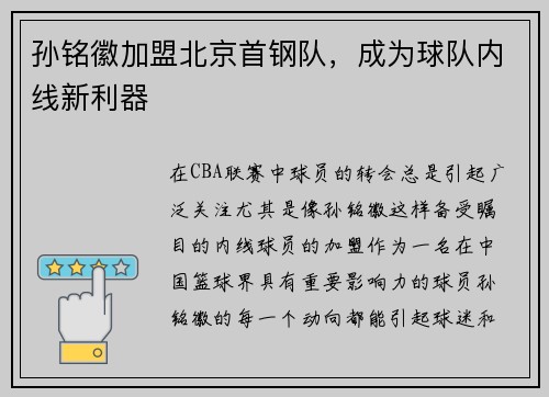 孙铭徽加盟北京首钢队，成为球队内线新利器
